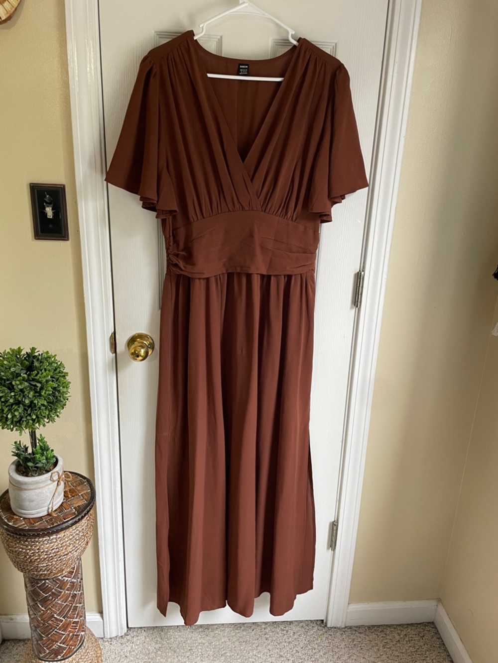 SHEIN Rust Brown Boho Cottage Western V-Neck Flutter Sleeve Maxi Dress